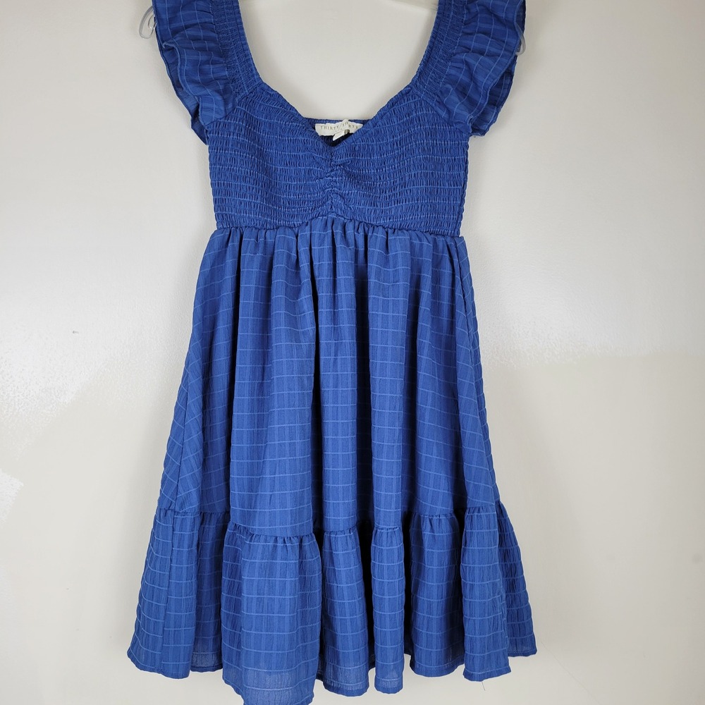 Thirty/Thirty LA Blue Smocked Ruffle Mini Dress XS Sweetheart Cap Sleeve‎